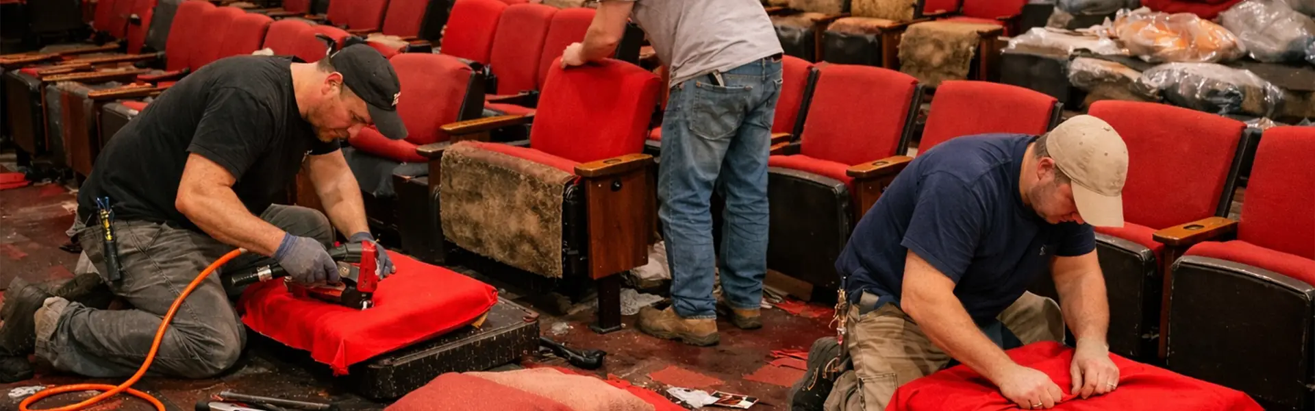 Τεχνίτες ανακαινίζουν θεατρικά καθίσματα επί τόπου στην αίθουσα